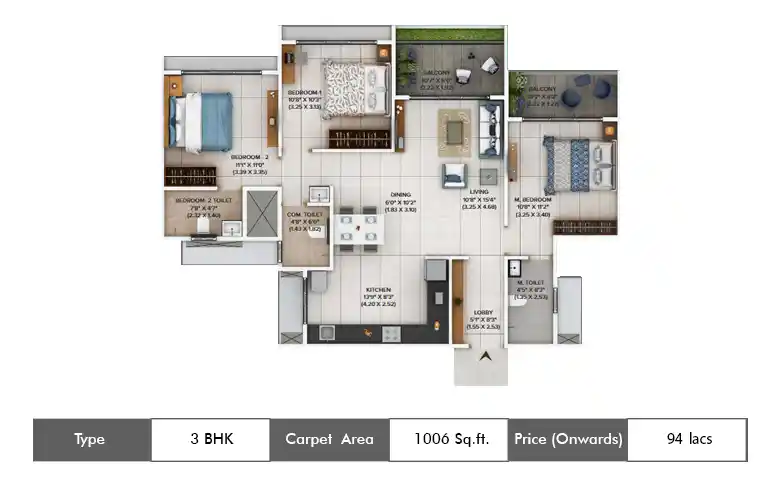 3 BHK-1006 Sq.ft.