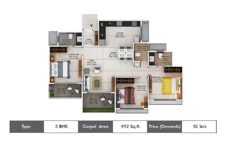 3 BHK-992 Sq.ft.