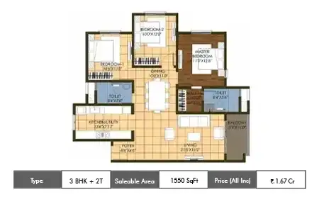 3 BHK + 2T 1550 SqFt