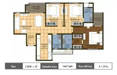 3 BHK + 3T 1647 SqFt
