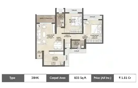 2 BHK 833 SqFt