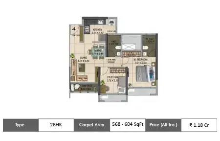 2 BHK 568 - 604 SqFt