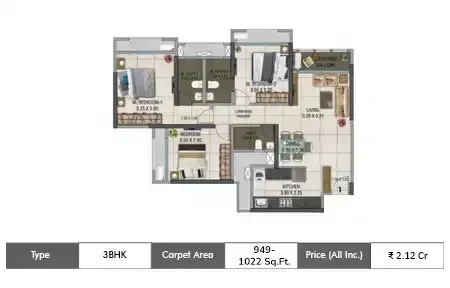 3 BHK 949 - 1022 SqFt