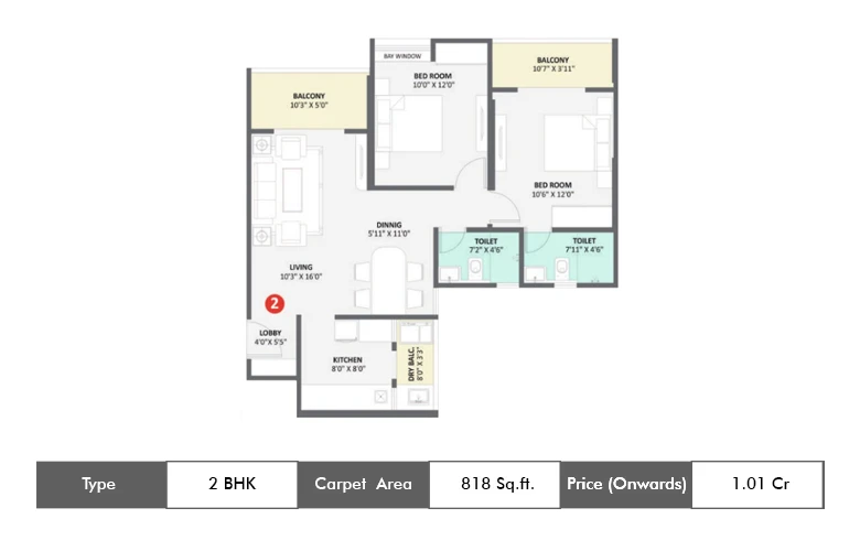 2 BHK-818 Sq.ft