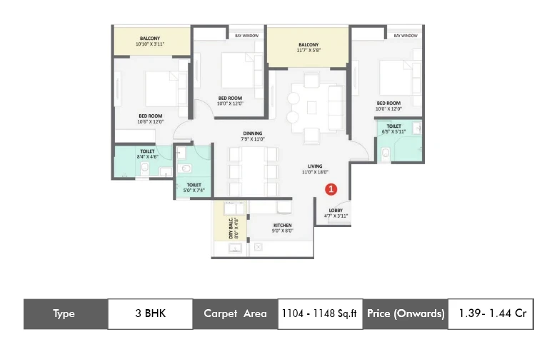 3 BHK-1104 Sq.ft