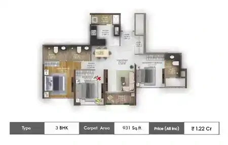 3 BHK 931 Sq.ft