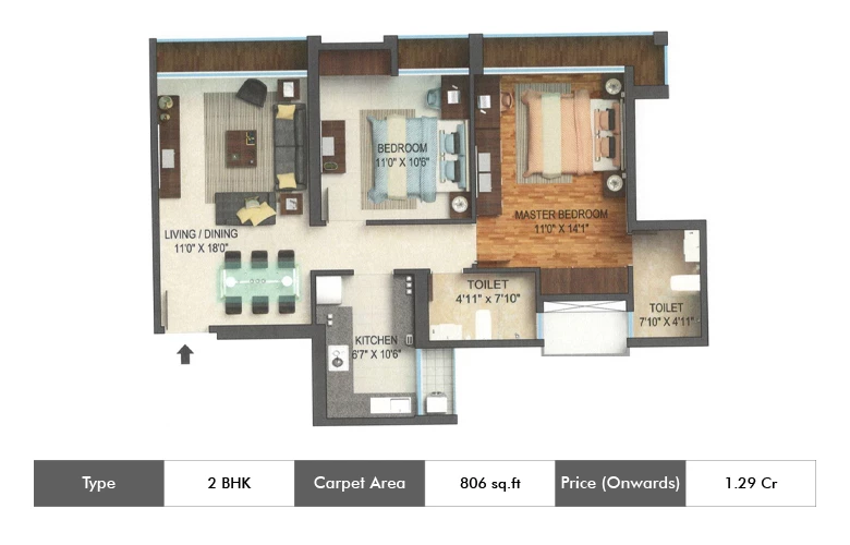 2 BHK-806 Sq.ft.