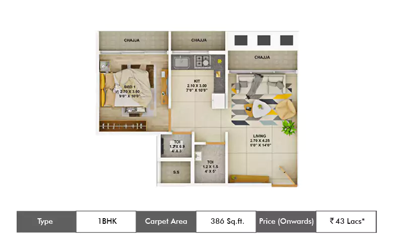 1 BHK-386 Sq.ft