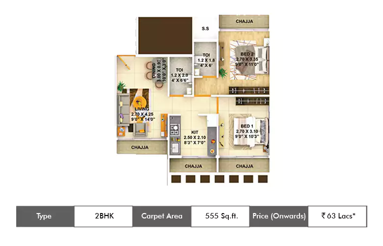 2 BHK-555  Sq.ft