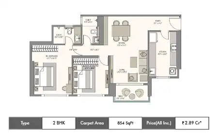 2 BHK 854 SqFt