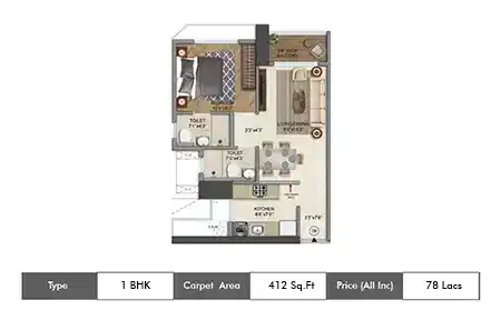 1bhk 412sq.ft