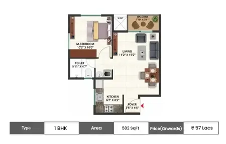 1 bhk 582 SqFt