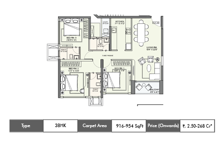 3 BHK 916-954 SqFt