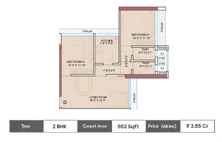 2 BHK-652 SqFt