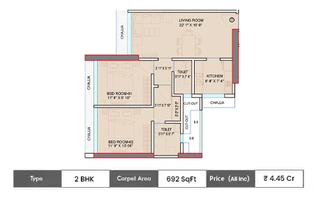 2 BHK-692 SqFt